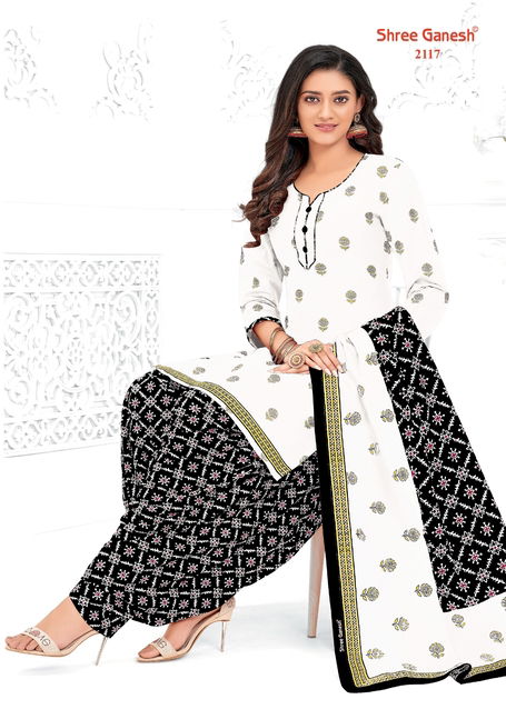 Shree Ganesh White And Black Printed Cotton Dress Material Catalog